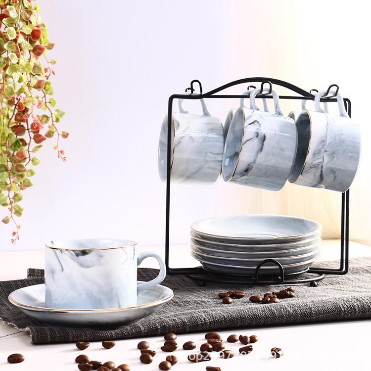 Cangkir Saucer Set Marble 6 PCS dengan Gantungan Cangkir / Cangkir Kopi / Teh Set 6 PCS