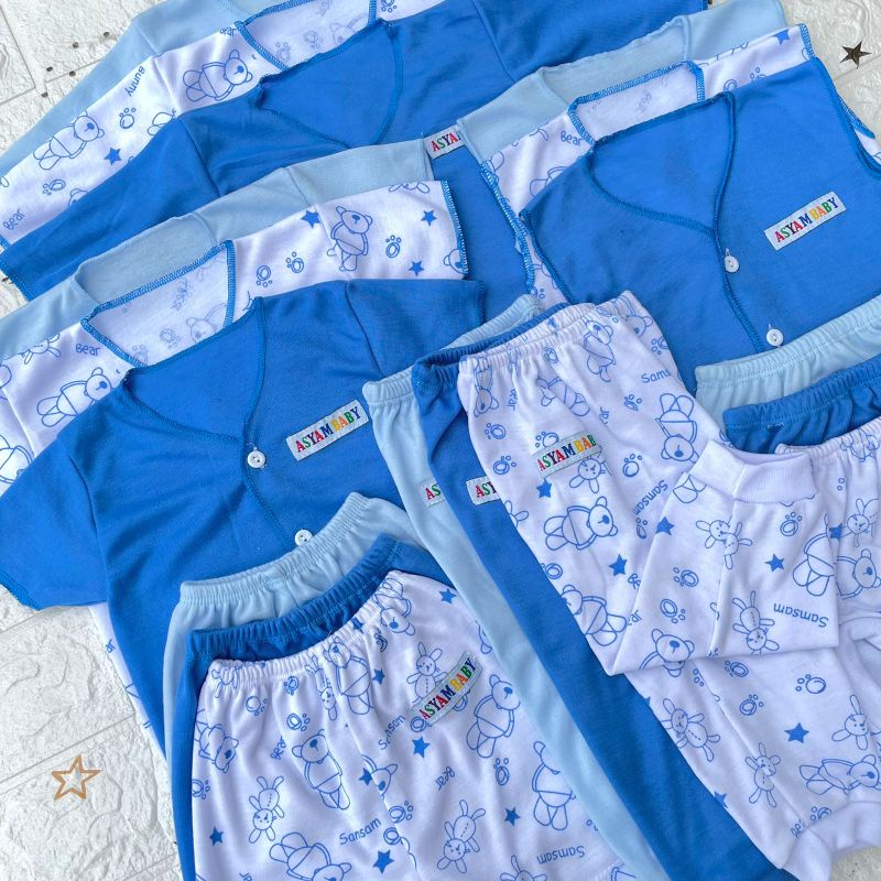 PROMO 7.7 18 PCS baju bayi baru lahir celana bayi baru lahir Seri Biru Sablon ASYAM BABY