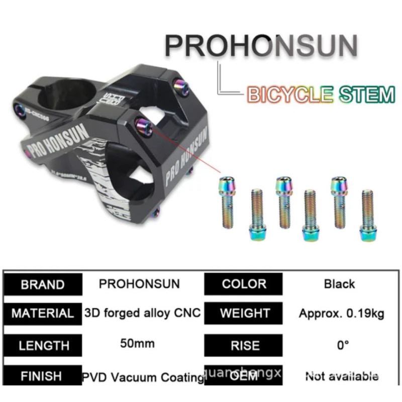 Pro Honsun Stem 31.8 mm Panjang 50 mm OS Stem Handlebar Sepeda AM DH Hitam