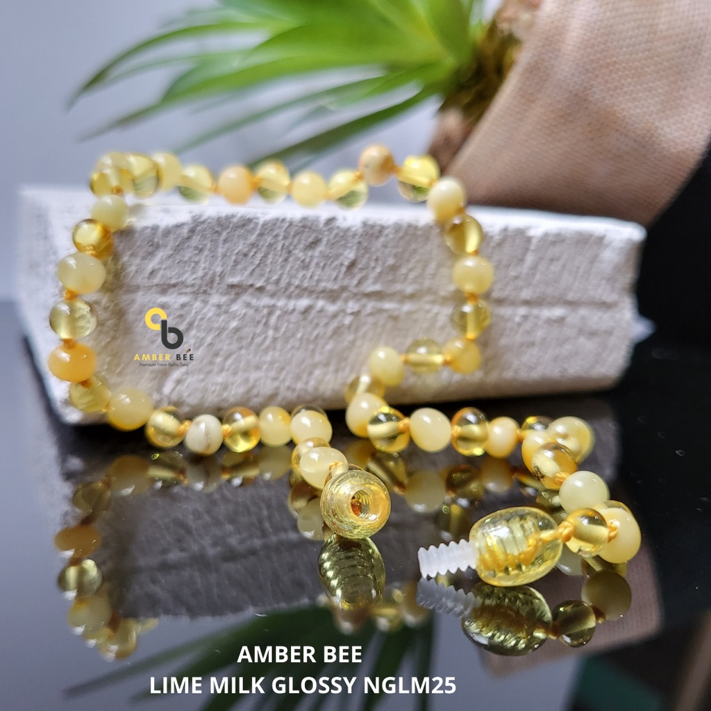 Set Kalung Gelang Amber Asli Baltic Anak Premium Glossy Lemon Milk 33-36cm By Amber Bee