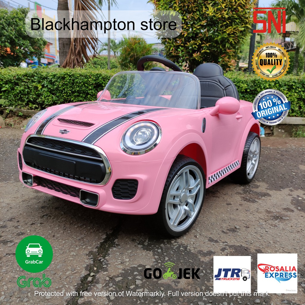 Mobil Mainan Aki Anak Mini Cooper Ban Karet Jok Kulit