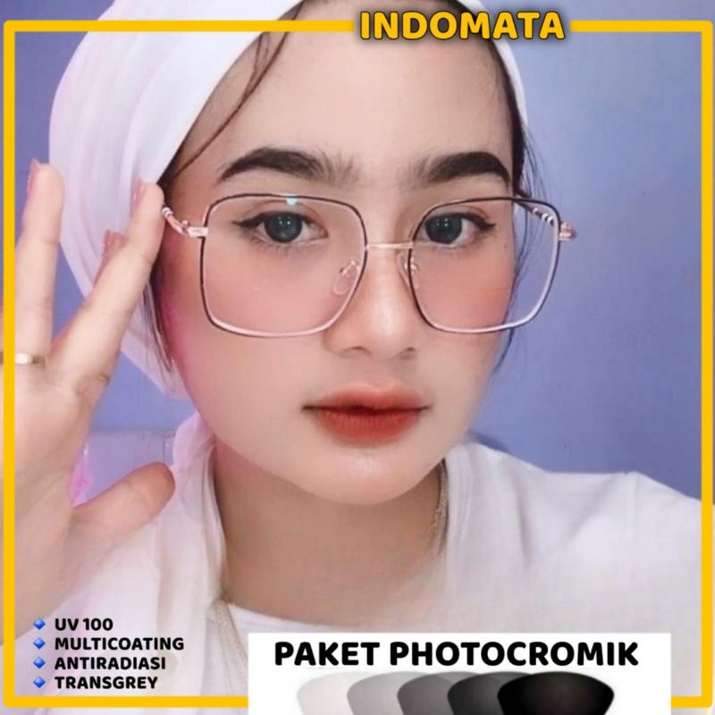 Kacamata Wanita Kotak Besar Minus Antiradiasi Blueray Photocromic Bluecromic
