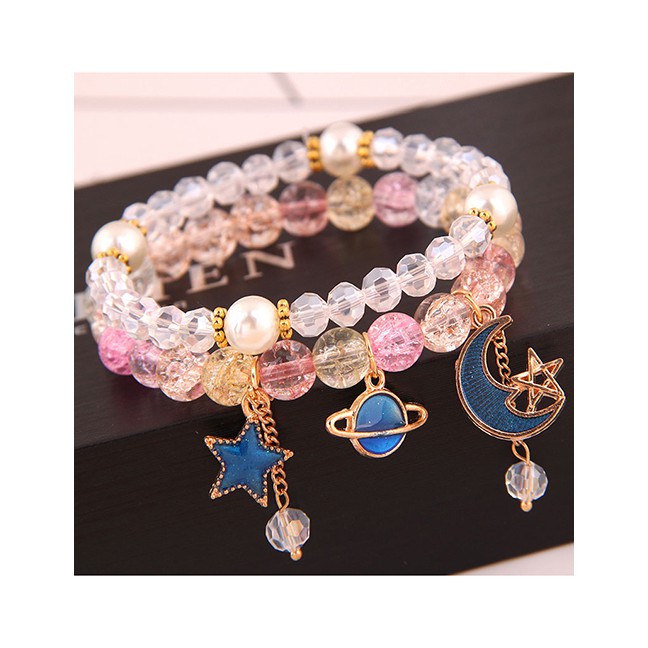 LRC Gelang Tangan Fashion Gold Popcorn Crystal Glass Beads Double Bracelet A58733