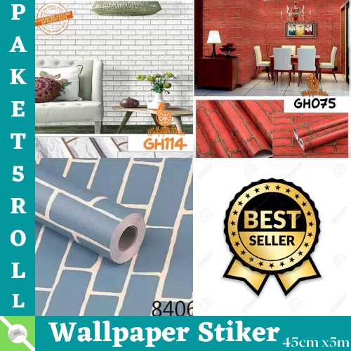 ( BAYAR DITEMPAT ) PROMO TERMURAH PAKET 5ROLL WALLPAPER STIKER DINDING RUANG TAMU STIKER DINDING KODE GH PREMIUM HIGH QUALITY MOTIF BATA 3D MODERN BEST SELLER ( BUY 4 GET 1 FREE ) GH114