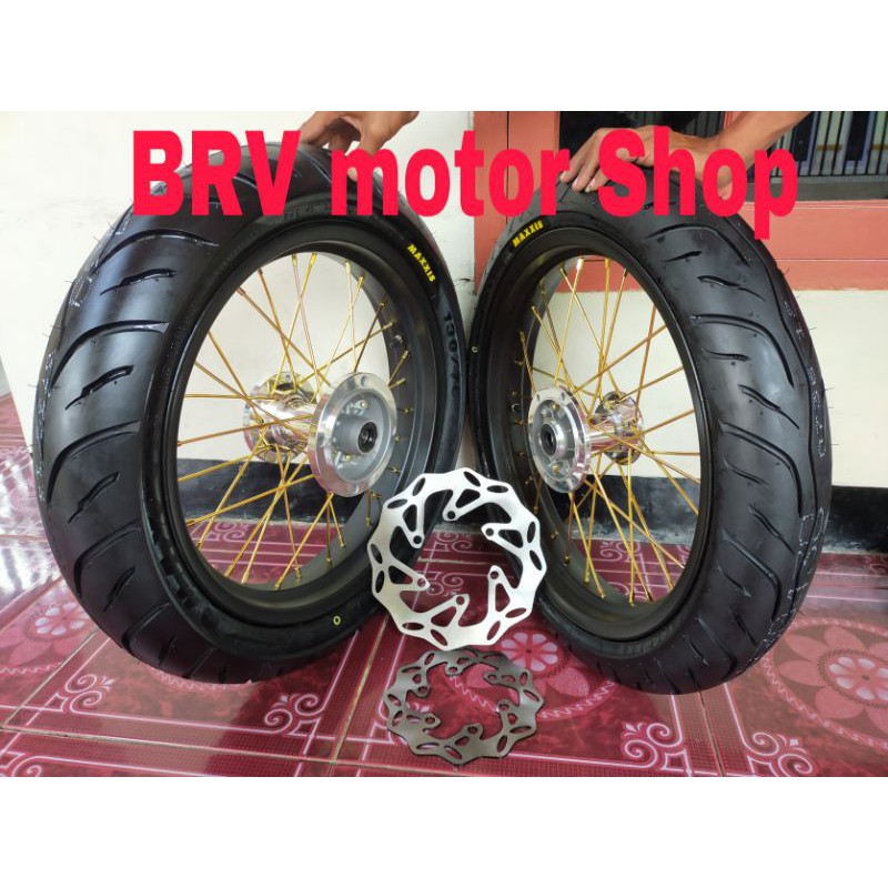 Sepaket Velg SuperMoto KLX D Tracker 150 Tromol ORI Ban Maxxis Full Set Ring 17