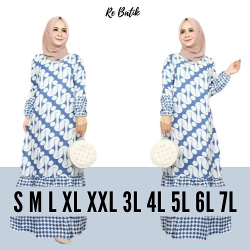 Gamis Batik Biru Wanita - RE BATIK - S M L XL XXL XXXL 4L 5L 6L 7L JUMBO