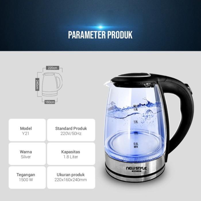 Teko Listrik Masak Air Y21 Kaca Stainless Steel Kettle 1.8L