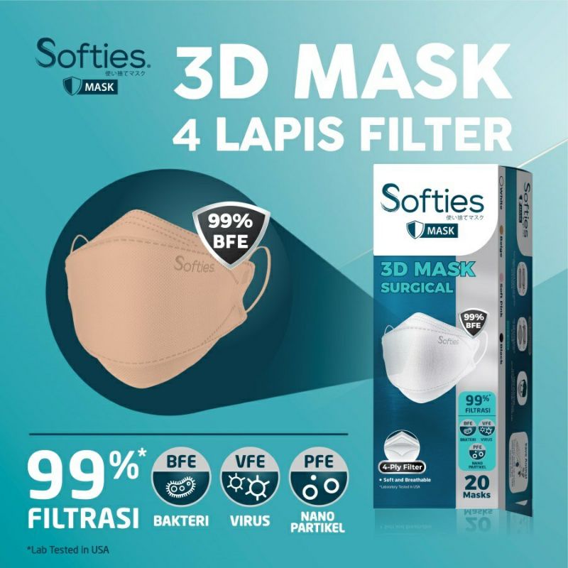 Masker Softies 3D Mask Surgical KF94 4ply Earloop warna Beige box isi 20 pcs