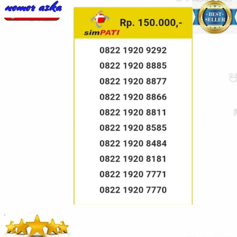 Kartu Perdana Simpati 0822 1920 9292 Seri Double AB 9292 Rapih Bsm02