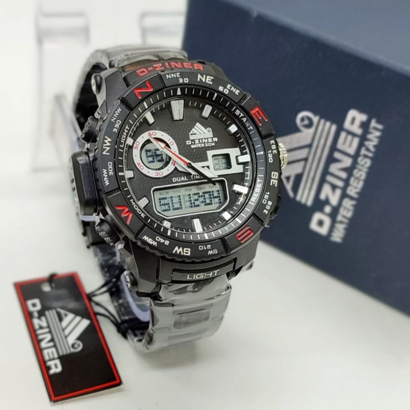 [ORIGINAL] 4 Variasi Jam Tangan Pria D-Ziner 8140 Dualtime Rantai Hitam