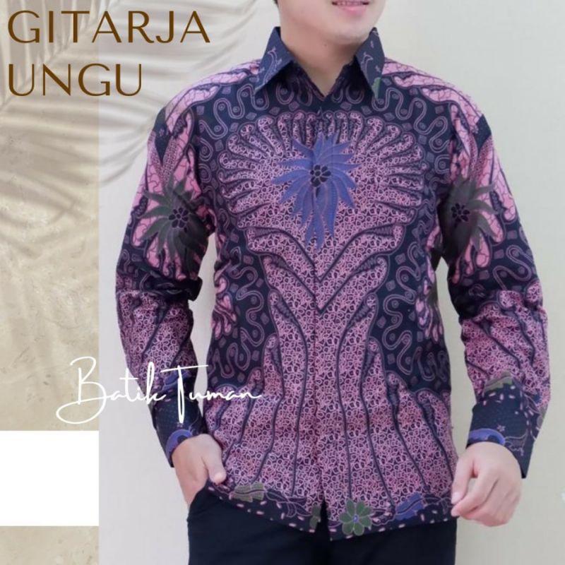 GITARJA Atasan Kemeja Batik Pria Lapis Furing PREMIUM Lengan Panjang Batik Solo Asli Warna Pink LILAC Hitam  SUKET SEGORO Baju seragam batik ungu  mahkota prastowo