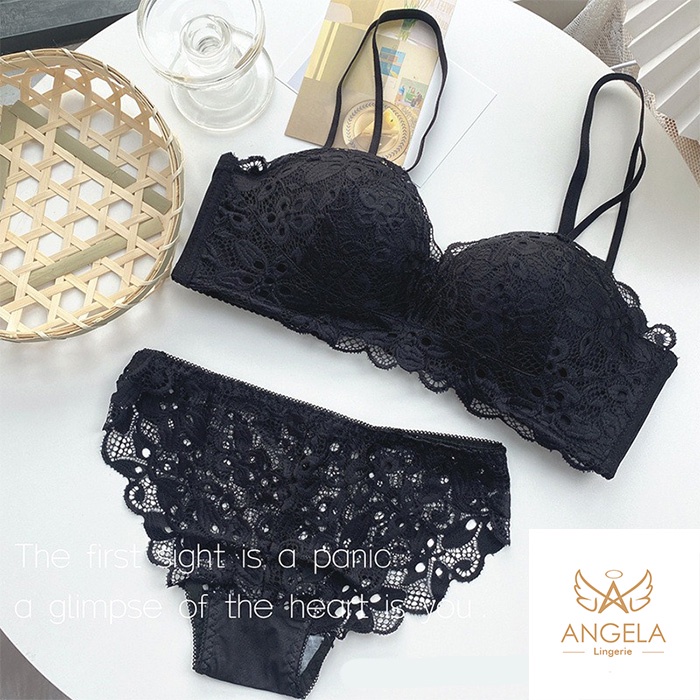 ANGELA JAPAN Bra BH Push Up Set Tanpa Kawat Celana Dalam Olahraga Wanita Cewe Remaja Import Bisa COD-Hitam