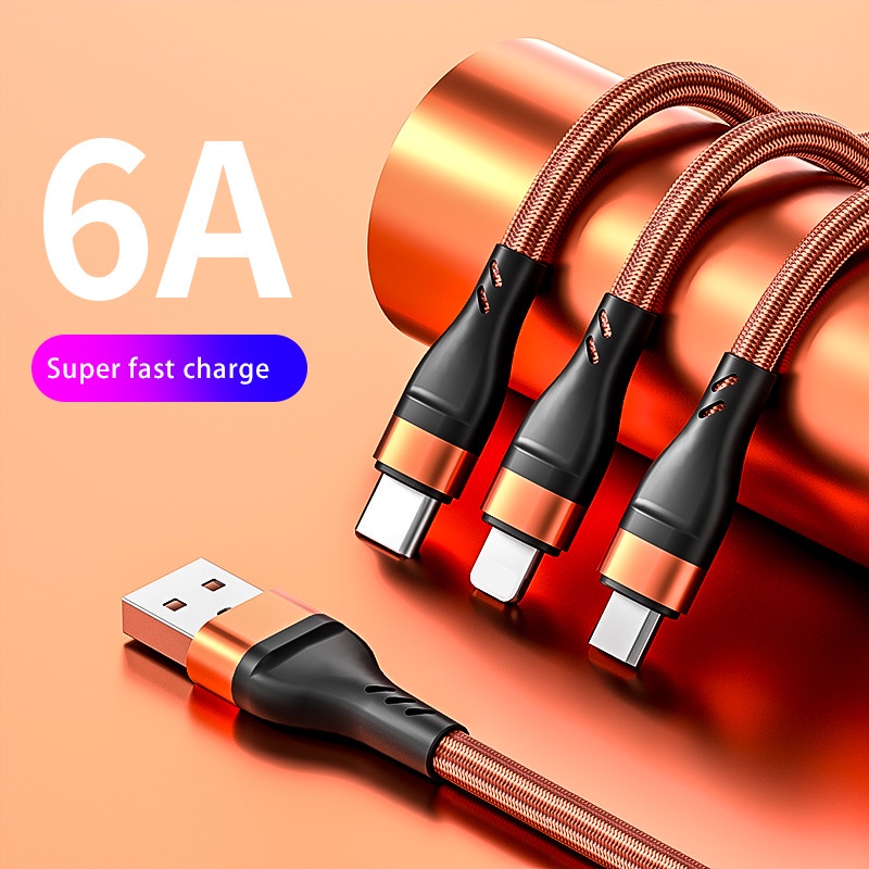 Kabel Charger Micro Usb / Tipe C / Lightning 100W 6A 3 In 1 Untuk Android