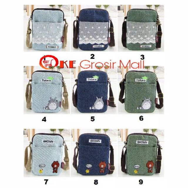 Tas HP Denim Mini Line Import DP009 / Tas HP Brown Sally Totoro Denim / Pouch HP / Tas Selempang