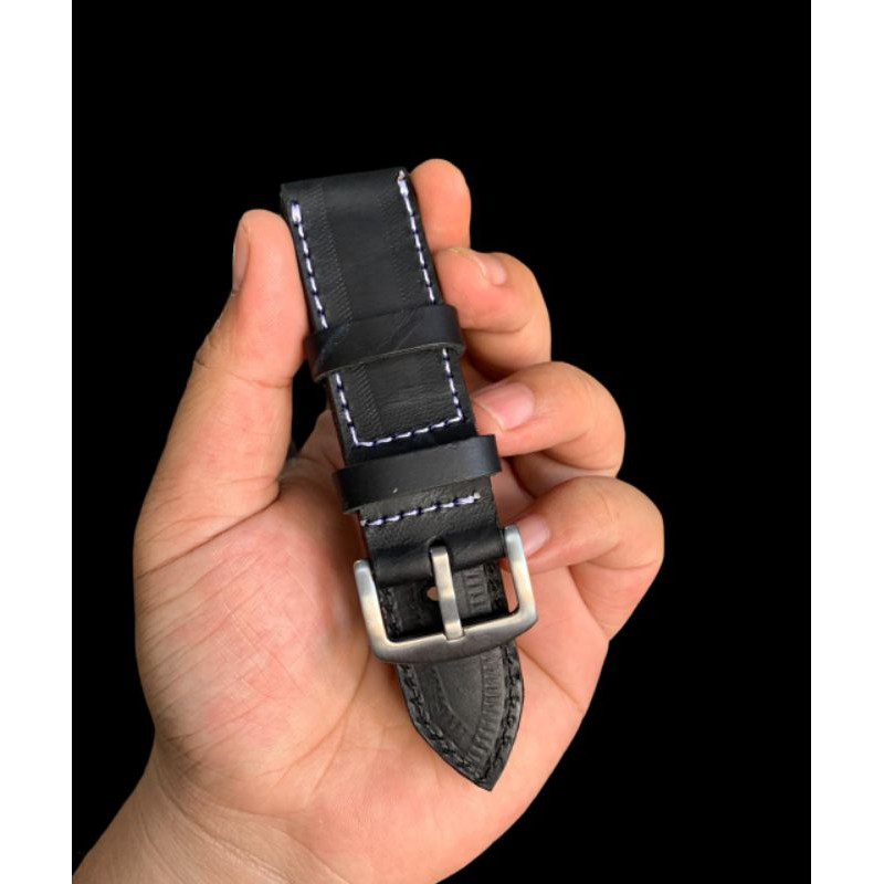 Strap tali jam tangan kulit sapi asli hitam benang putih size 24mm