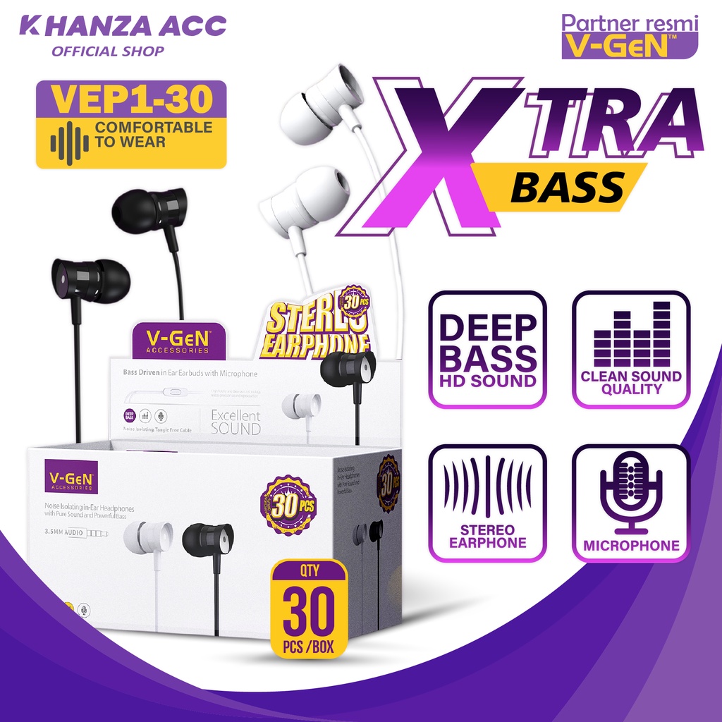 KHANZAACC VGEN VEP1-30 Wired Earphone Xtra Bass 1 Box Isi 30 Pcs