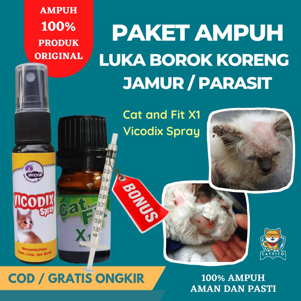 PAKET Obat Gatal Jamur Kucing Luka Borok Koreng Vicodix Cat and Fit X1 Akibat Jamur dan Luka Berkelahi Nanah Berdarah