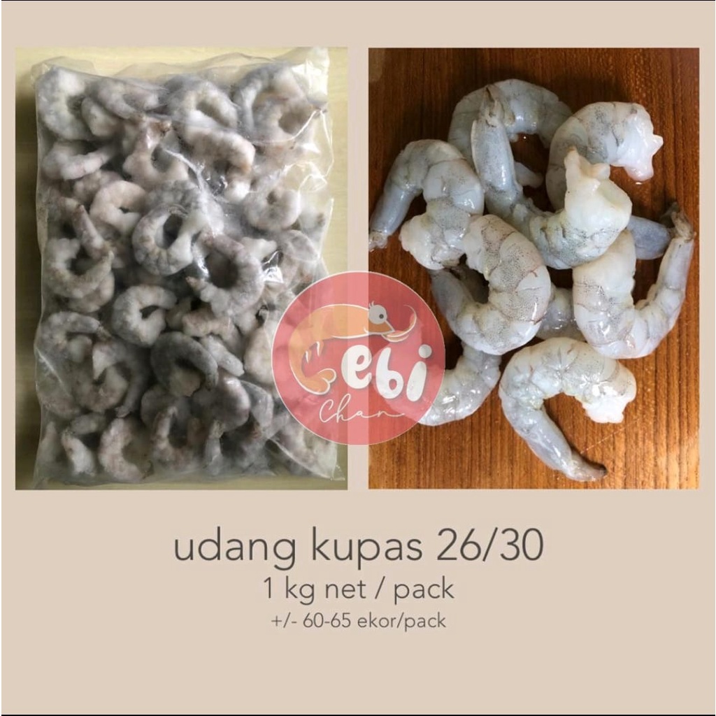 

Udang Vanamei IQF Fresh Frozen Beku ada kulit dan ekor size 26/30 (XL)
