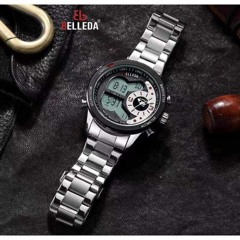 Belleda 9110 - Jam tangan pria analog digital strap rntai stainless