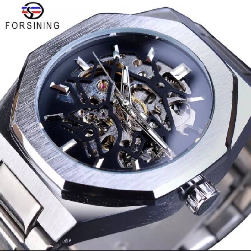 Jam Tangan Forsining Oak Automatic Transparan Mewah Berkelas Silver Black