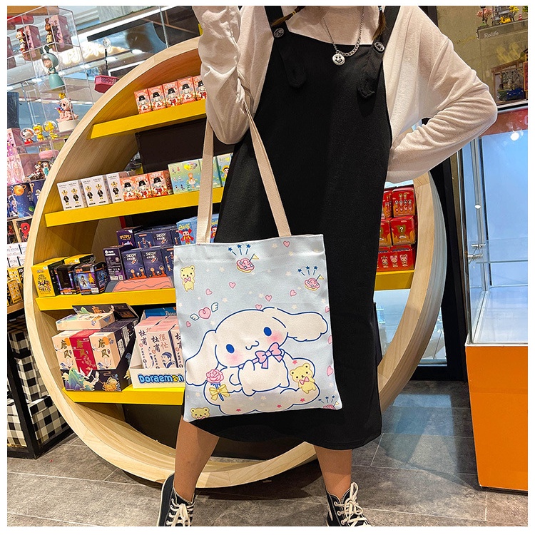 Drozenb Tas Tote Wanita Bahan Canvas Model Korea Motif Kartun/Totebag Canvas Korea/Tas Totebag Fashion Resleting/Tas Totebag Kekinian/Totebag Casual Bahan Canvas