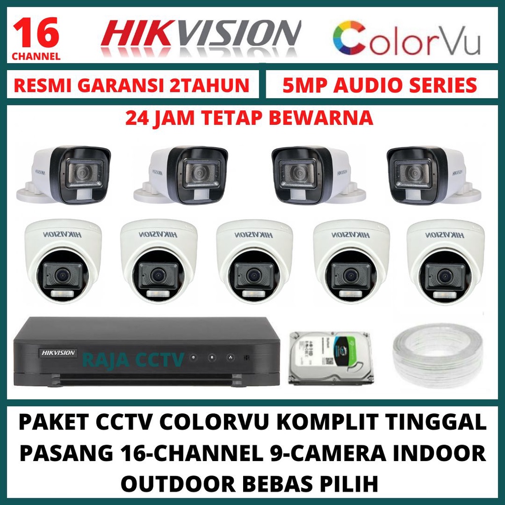 PAKET CCTV HIKVISION 5MP COLORVU 16 CHANNEL 9 CAMERA TURBO HD 3K COLORFUL AUDIO SERIES