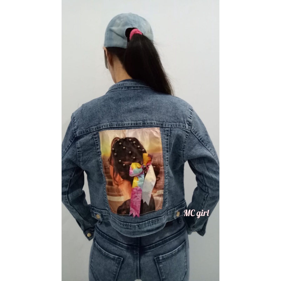 MC girl - Jaket Jeans Premium Crop Gambar Pita / Jacket Denim Body Pendek Snowblue Polos Wanita / Jaket Lepis Snow Blue Sequin Pita 3D