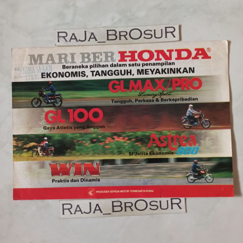 Poster brosur katalog leaflet Honda 1984 berisi motor Honda GL PRO/GL MAX/GL 100/Astrea 800/Win 100