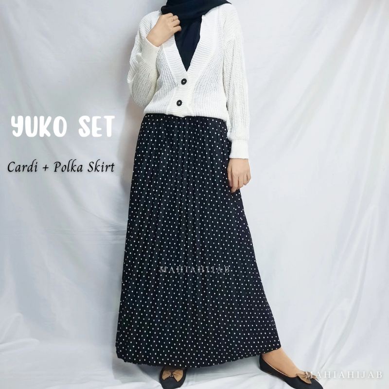 1 Set Yuko Cardigan + Rok Polka / setelan lengkap / outfit rajut / by Mahiahijab cardigan rajut korean style