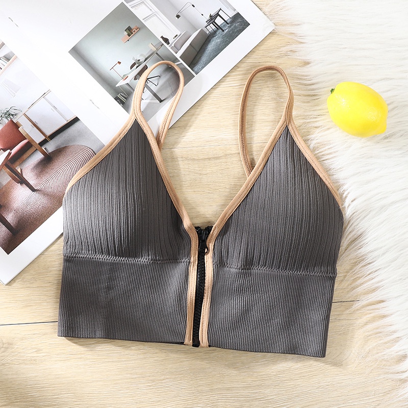 BOS Tank Top Yoga Wanita 6404 Bra Fashion Tanpa Kawat Elastis Pakaian Dalam Wanita Resleting-ABU