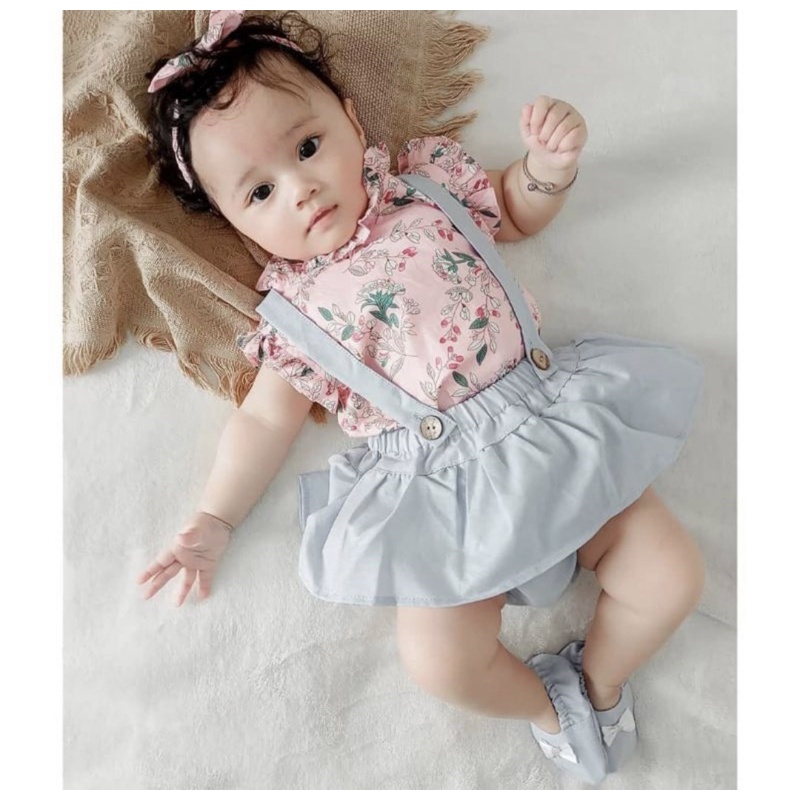 Baju Setelan Jumper Rok Bunga Bandana Sepatu Pergi Lucu Fashion Anak Bayi Perempuan AIKO B / CLARA / TALITHA / GIANNA OVERALL GEMPITA LOVE SIENA