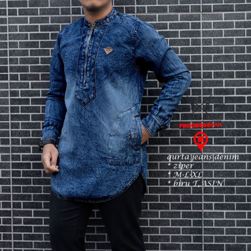 BAJU KOKO JEANS DENIM RESLETING KUALITAS PREMIUM ORIGINAL PAKAIAN MUSLIM SUNAH PRIA DEWASA KEKINIAN