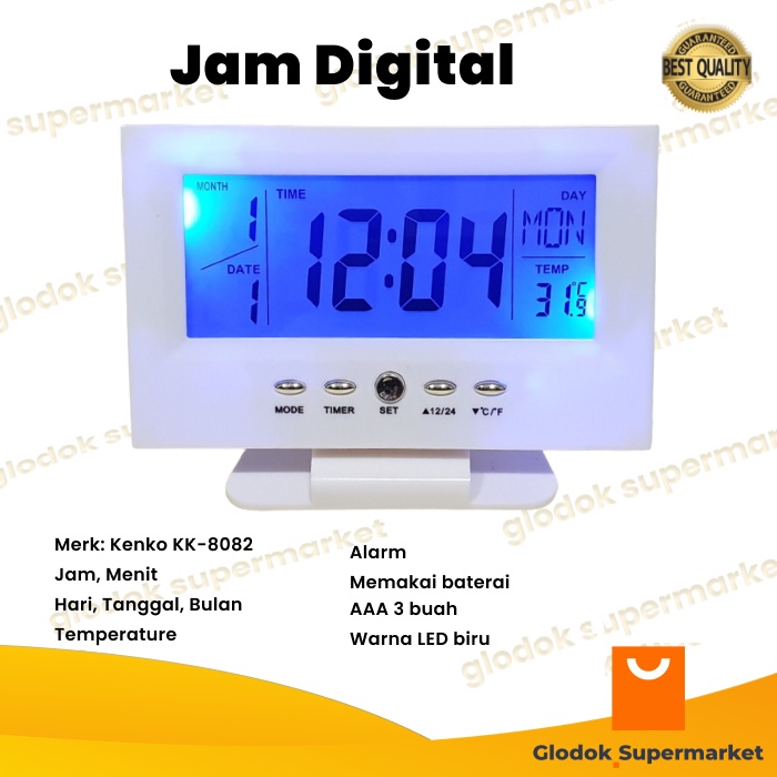 Jam Digital LED Kenko Kalender Temperature Alarm Meja TV Clock KK-8082 putih