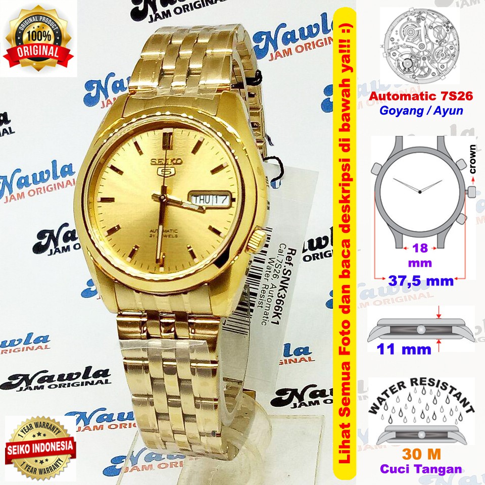 Seiko 5 SNK366K1 Gold Plated Bracelet - Jam Tangan Pria SNK366