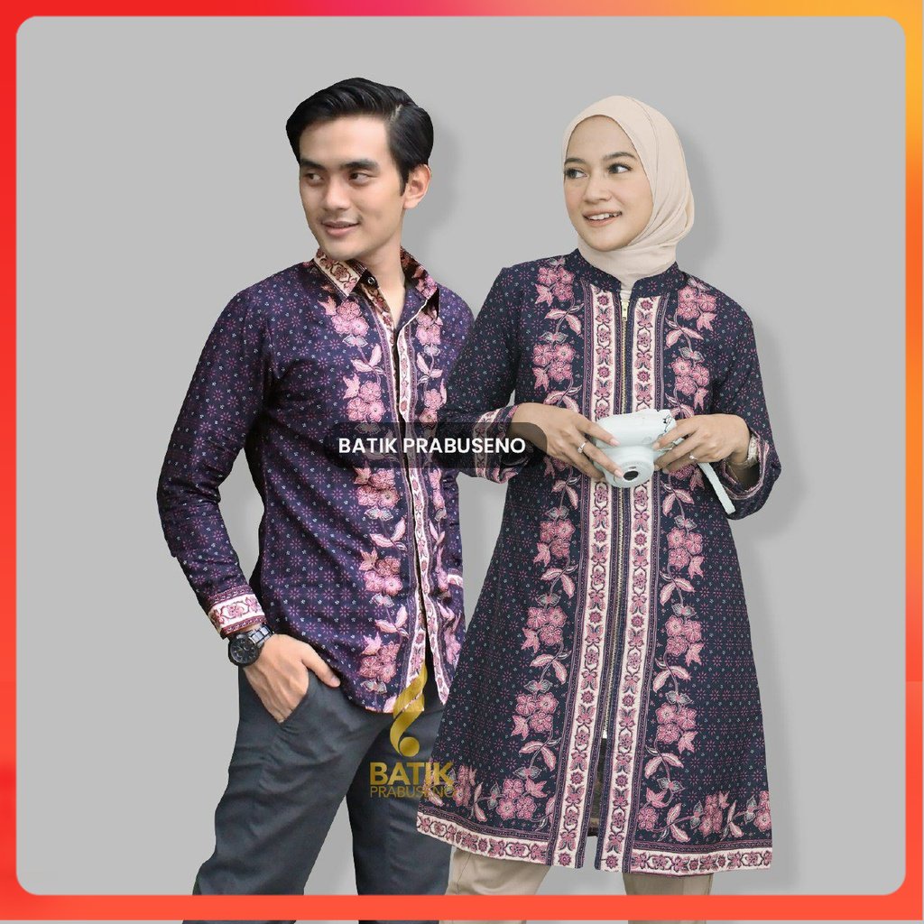 Batik ROSELA Couple Hem Baju Kemeja Batik Pria Wanita Lengan Panjang Slim Fit Original Prabuseno Cew