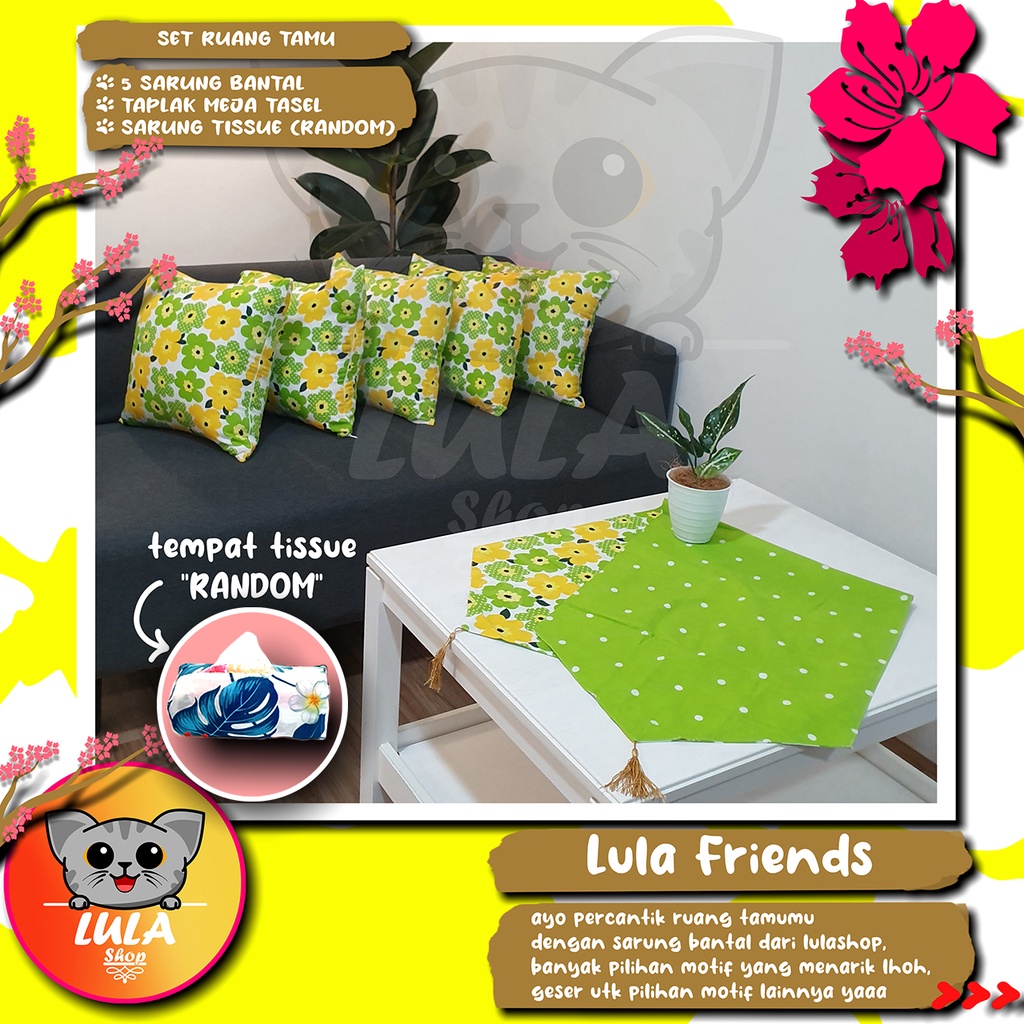 Paket Hemat 5 Sarung Bantal Sofa + Taplak Tassel +Tempat Tissue