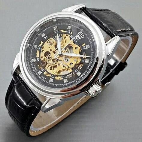 Jam Tangan Rolex Skeleton Automatic Kulit - Combi Kuning Box Kardus | Premium Quality Rolex