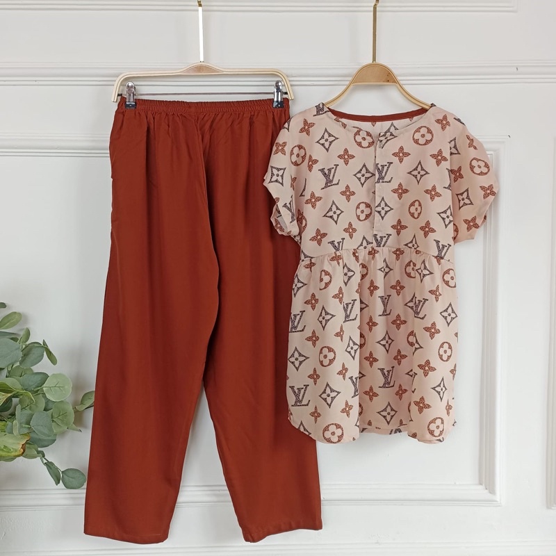 SETELAN BAJU TIDUR PIYAMA WANITA ONE SET PAJAMAS RUFFLE KANCING BUSUI CELANA PANJANG-BBR 4