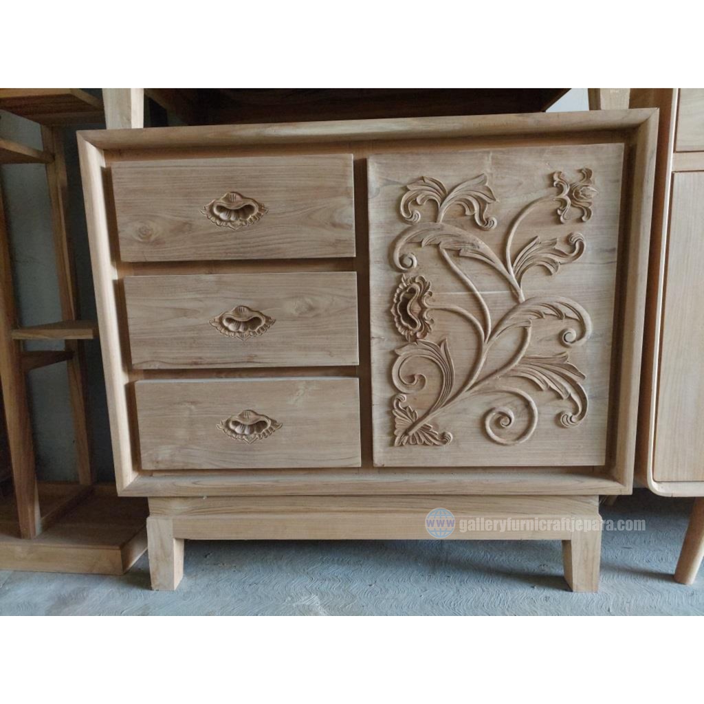 Bufet Lemari Minimalis Ukiran Daun 3Laci 1Pintu Kayu Jati Grade A Unfinish - 100x50cm