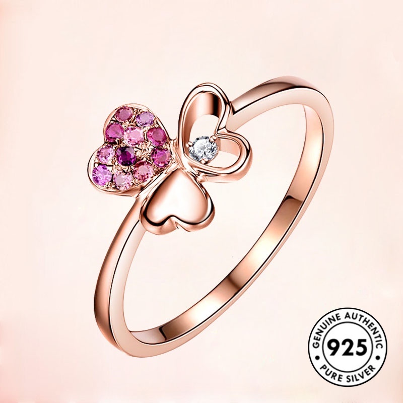 Cincin S925 Silver Rose Gold Bentuk Hati Aksen Batu Permata Untuk Wanita