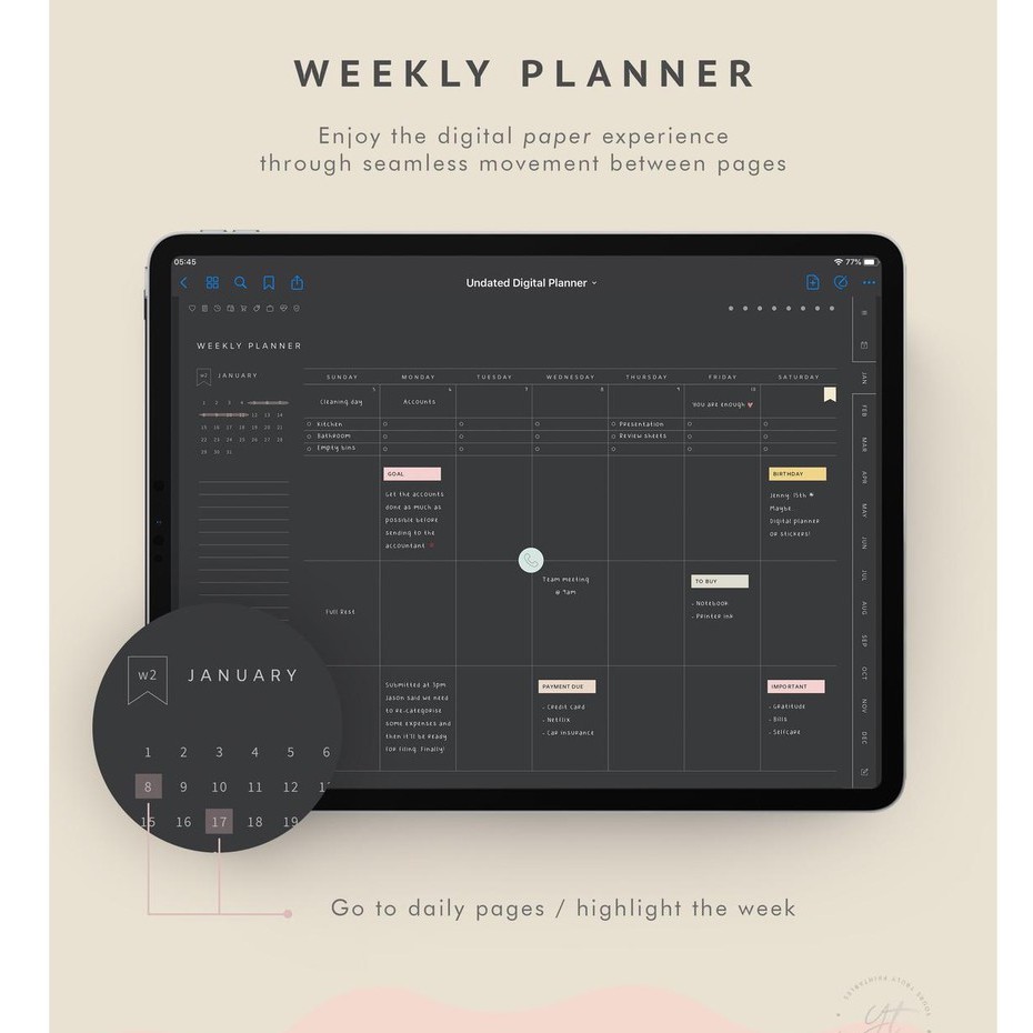 Digital Journal &amp; Planner - Undated Blackout Daily Planner for Goodnotes, Notability, Xodo, (Full Page Hyperlinked)