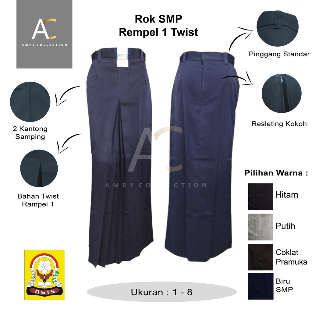 Rok Panjang SMP Biru Model Span 1 / Rempel 1 Span depan Kain Twis / Licin