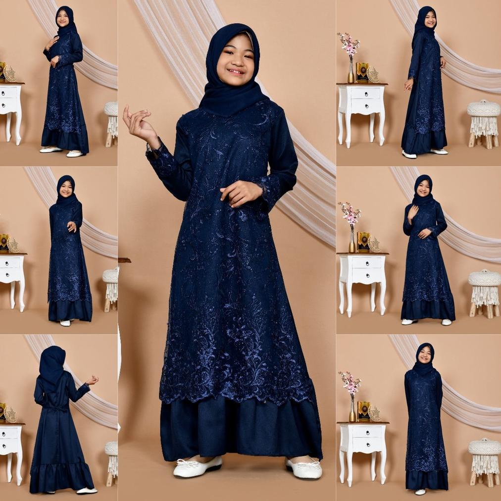 Gamis Mitha Anak Maxi Tanggung 9-12Th Dress Muslim Remaja Brukat Tile Bordir Lebaran Idul Fitri Pram