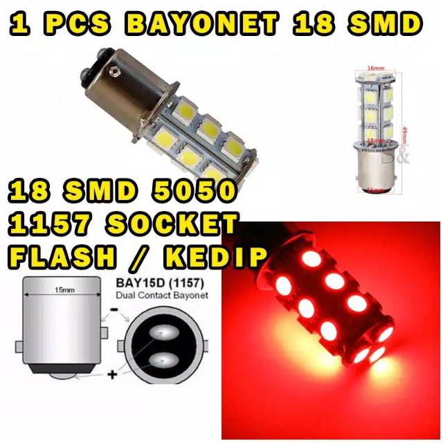 LAMPU LED BAYONET REM SMD 5050 18 TITIK STROBO MERAH 2 KAKI KEDIP