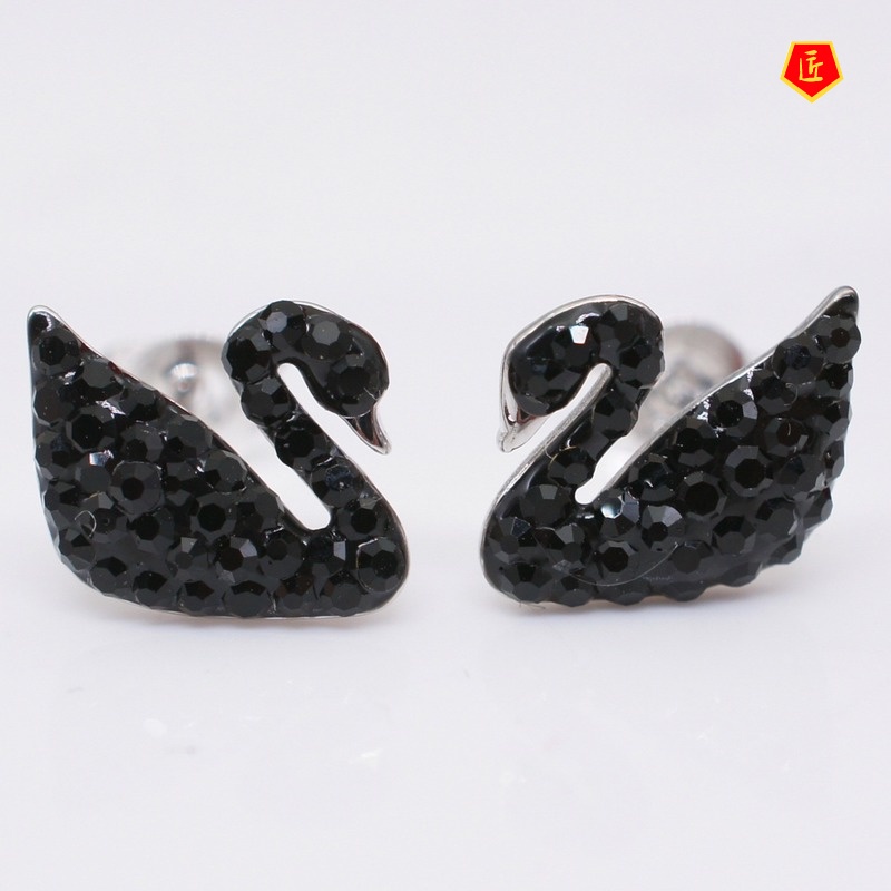 [Ready Stock]925 Silver Temperament Korean Style Black Swan Pearl Earrings