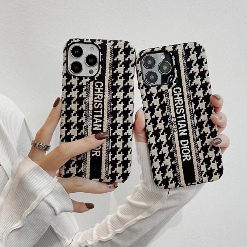 CHRISTIAN CDIOR Houndstooth Leather Case Iphone 14 Plus 14 Pro Max 7 8 plus X Xs Xr XsMAX 11 11ProMax 12 12Pro 12ProMax 13 13Pro 13 Pro Max 13PROMAX 11Pro