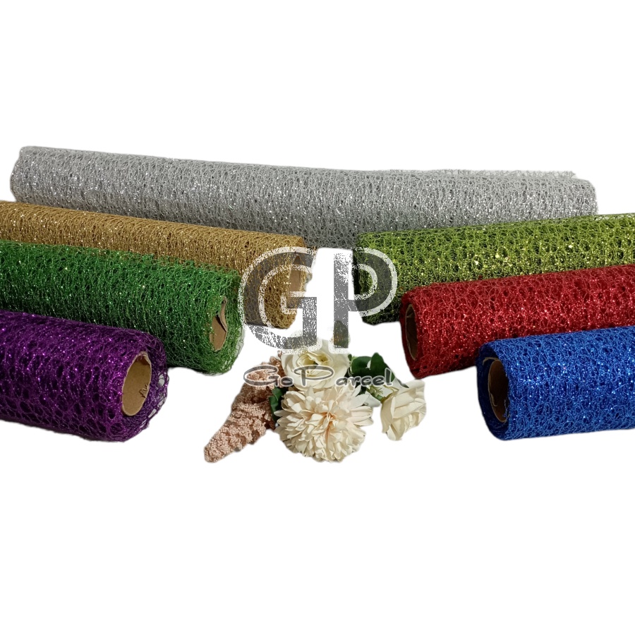 ( Yard 80 CM ) POLINET GAUZE KOREAN MESH GLITTER - FLOWER WRAPPING KERTAS BUNGA /