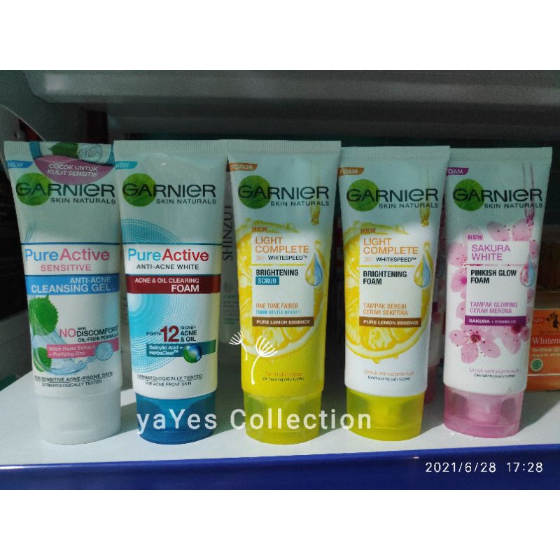 Garnier Sabun Cuci Muka 100 ml Foam Scrub Sensitive Anti Acne Oil Glow Light Complete jenis kulit