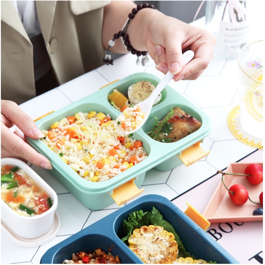 Kotak Makan Bento 3 Grid Free Sendok / Kotak Makan Bekal Anti Tumpah 850 ml / Lunch Box Food Grade