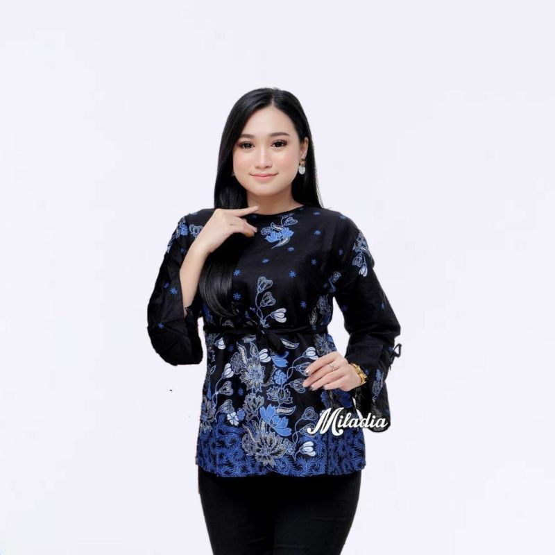 Batik Couple keluarga Sania Ruffle Ori Ndoro Jowi DNT Motif Sakura Biru TERMURAH DI SHOPEE Ori BCP-Blus lonceng